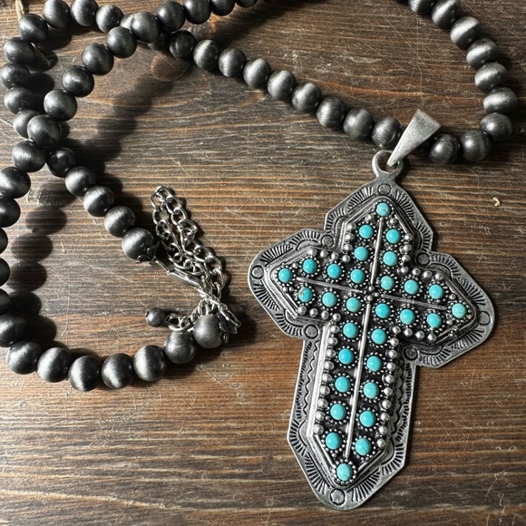 Turquoise Beaded Cross Necklace - Picture 1 of 4